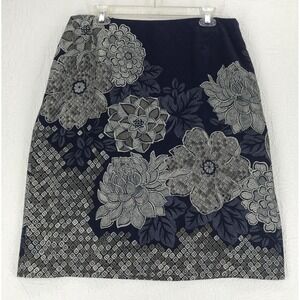 Talbots A Line Skirt Size 14W Silk Blend Lined Floral Geometeric Navy Gray
